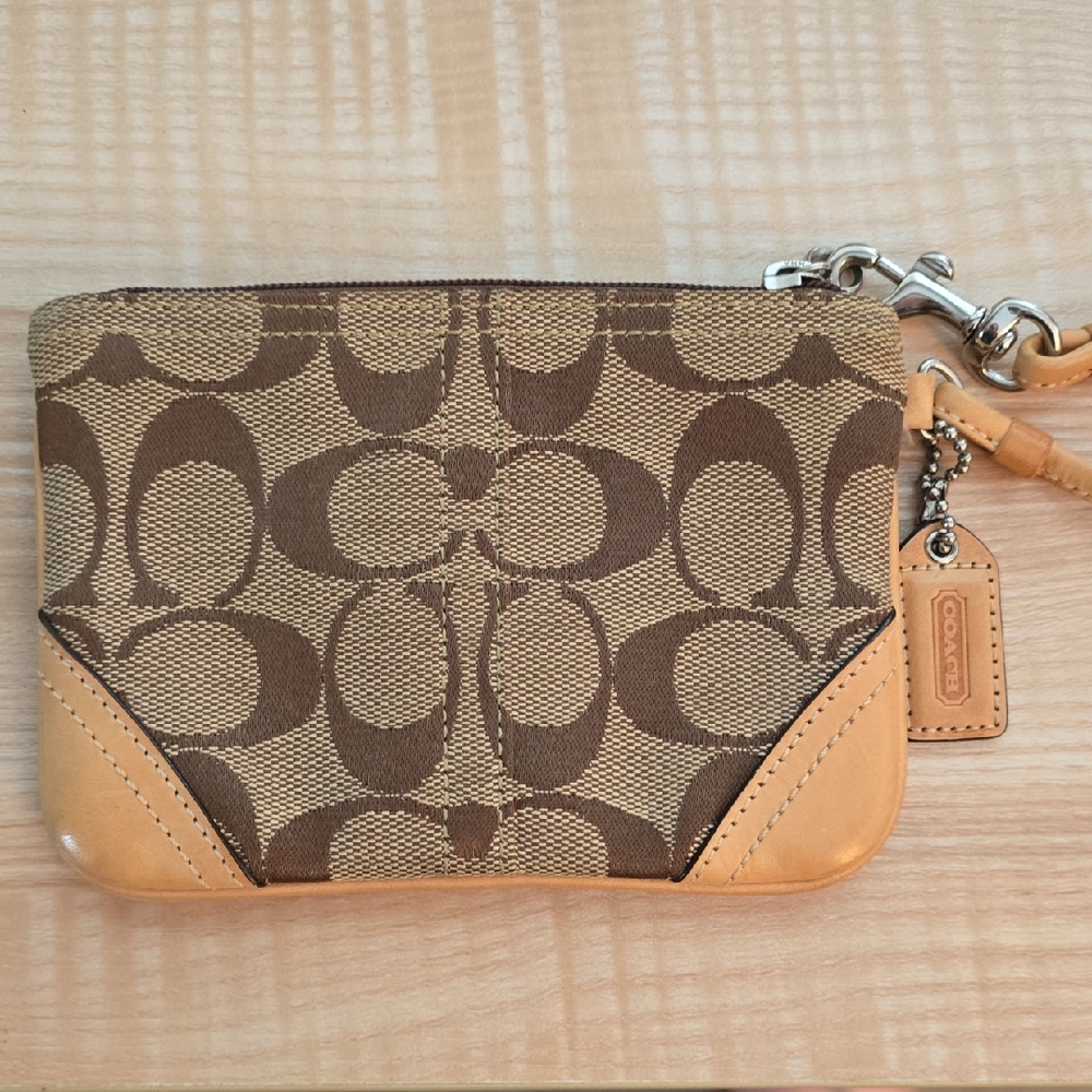 Coach Signature Brown and Tan Wristlet